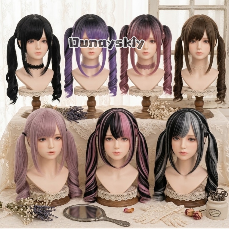 Cosplay Anime Black Hair - Peluca sintética con degradado de color